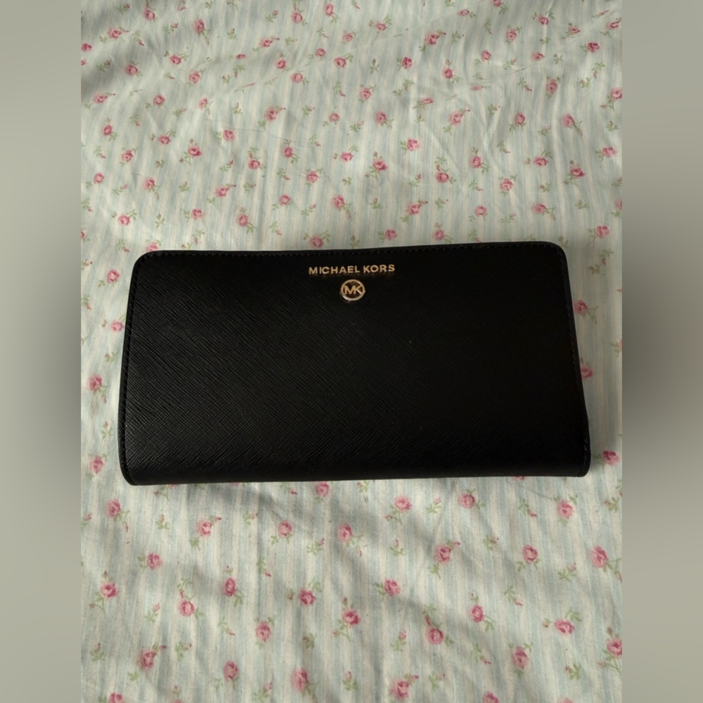 Michael Kors Black Saffiano Continental Clutch Wallet with Gold Logo